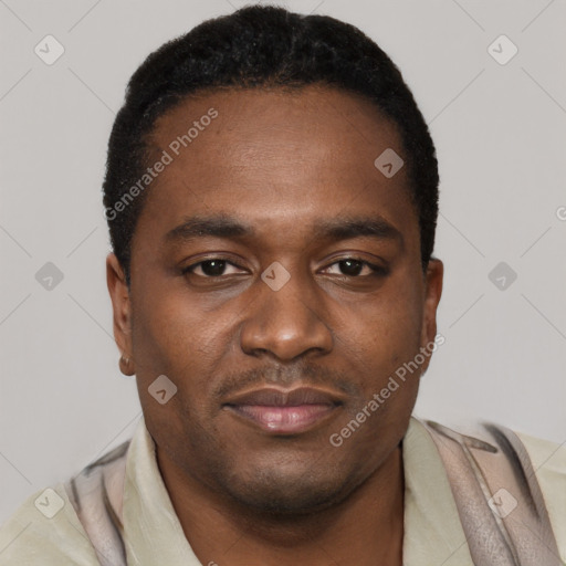 Joyful black young-adult male with short  black hair and brown eyes