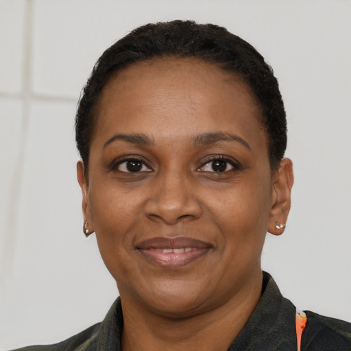 Joyful black adult female with short  black hair and brown eyes