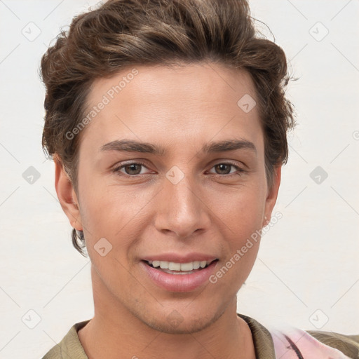 Joyful white young-adult female with short  brown hair and grey eyes