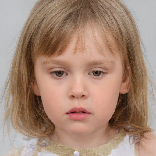 Neutral white child female with medium  brown hair and grey eyes