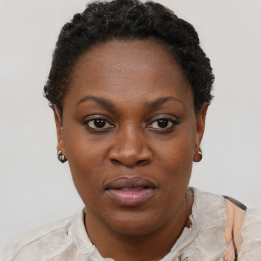 Joyful black adult female with short  brown hair and brown eyes