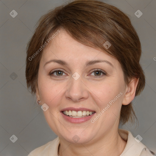 Joyful white adult female with medium  brown hair and grey eyes