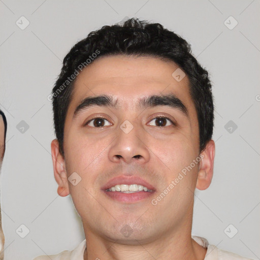 Joyful white young-adult male with short  black hair and brown eyes