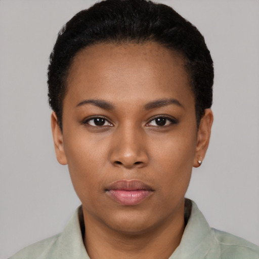Neutral black young-adult female with short  black hair and brown eyes
