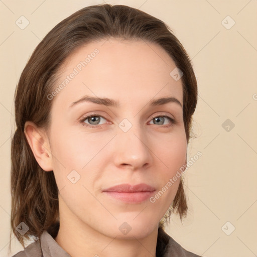 Neutral white young-adult female with medium  brown hair and brown eyes