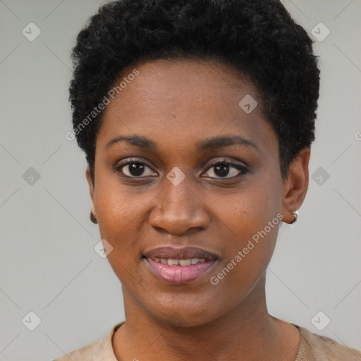 Joyful black young-adult female with short  brown hair and brown eyes