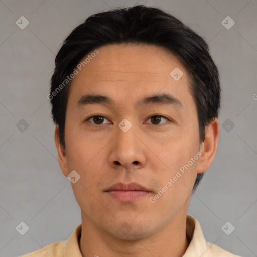 Neutral asian young-adult male with short  black hair and brown eyes