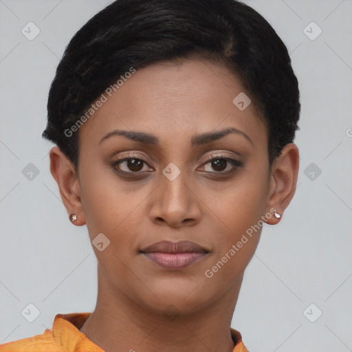 Joyful latino young-adult female with short  brown hair and brown eyes
