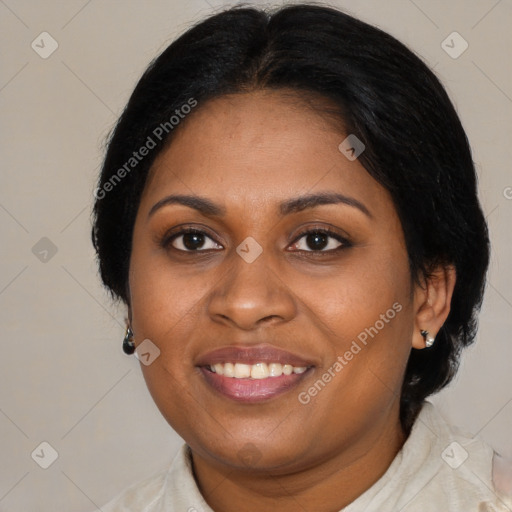 Joyful black young-adult female with medium  brown hair and brown eyes