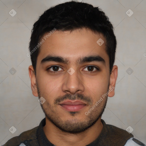 Neutral latino young-adult male with short  black hair and brown eyes