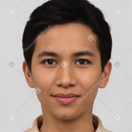 Joyful asian young-adult male with short  brown hair and brown eyes