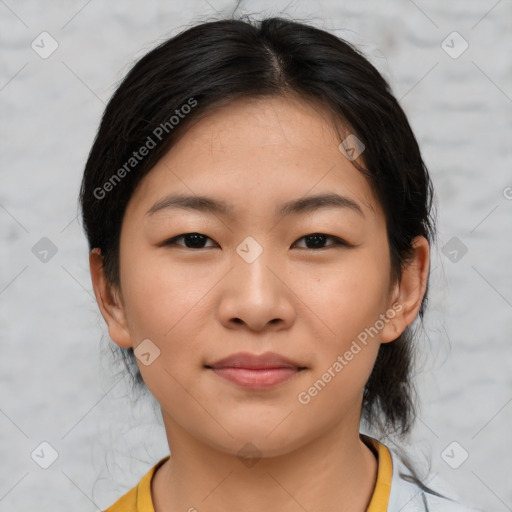 Neutral asian young-adult female with medium  brown hair and brown eyes