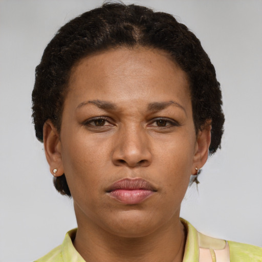Neutral latino young-adult female with short  brown hair and brown eyes