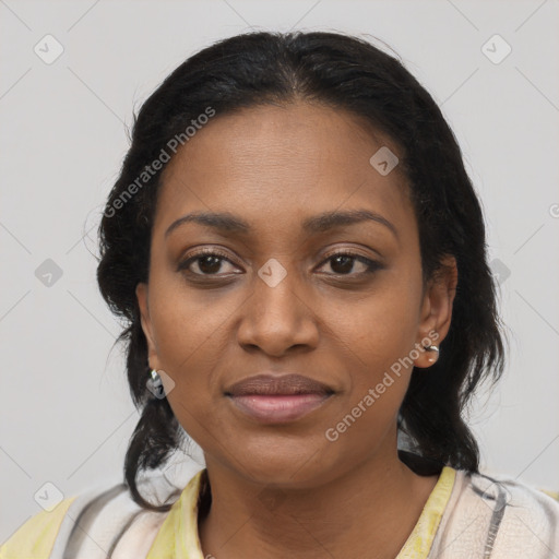 Joyful black young-adult female with medium  brown hair and brown eyes