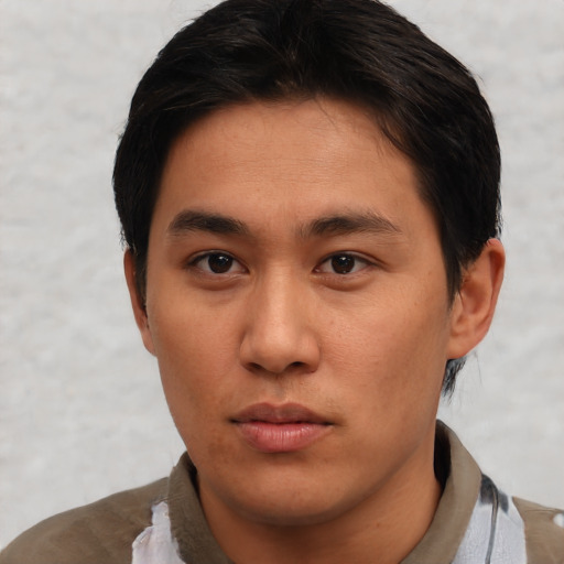 Neutral asian young-adult male with short  brown hair and brown eyes