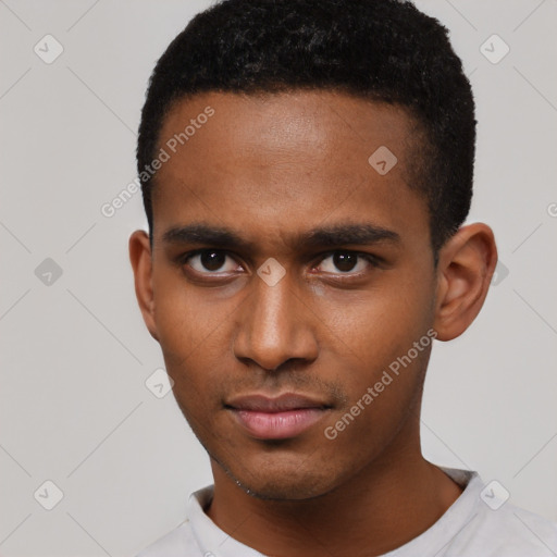 Neutral latino young-adult male with short  black hair and brown eyes