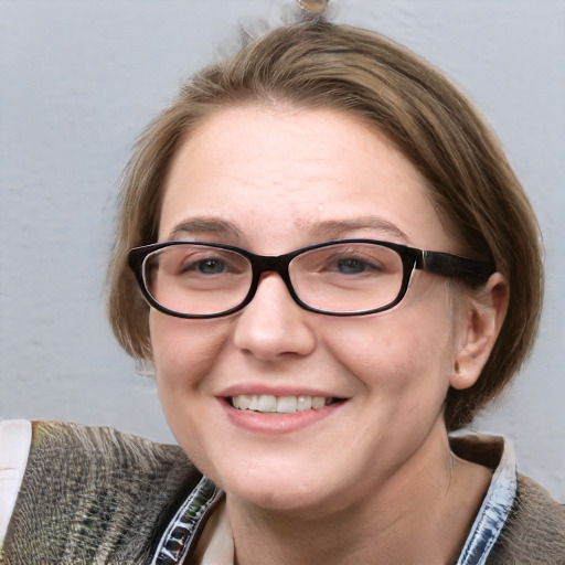 Joyful white young-adult female with short  brown hair and blue eyes