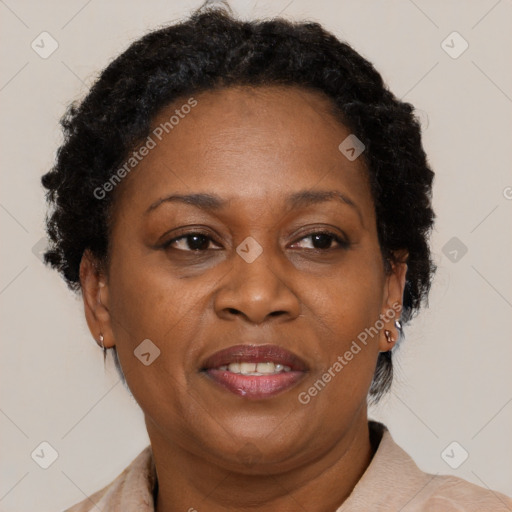 Joyful black adult female with short  brown hair and brown eyes