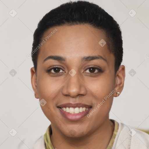 Joyful latino young-adult female with short  brown hair and brown eyes