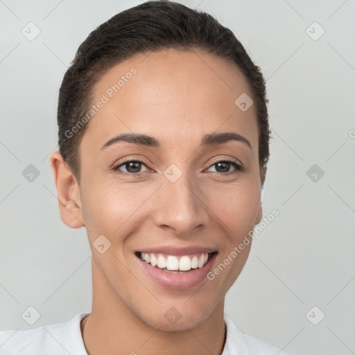 Joyful white young-adult female with short  brown hair and brown eyes