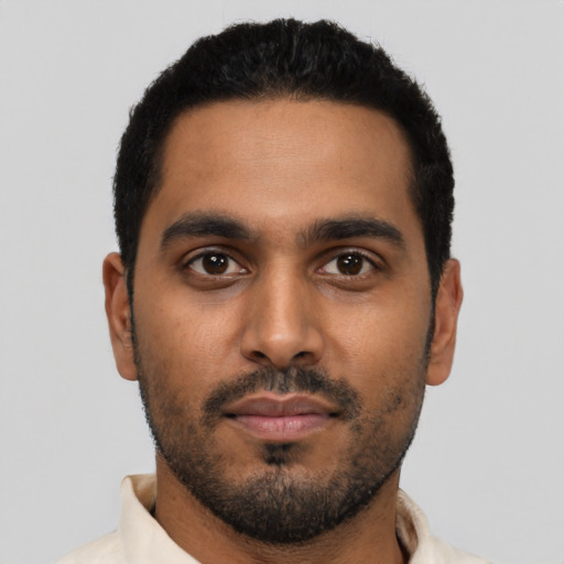 Neutral latino young-adult male with short  black hair and brown eyes