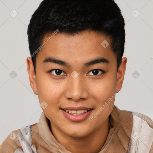 Joyful latino young-adult male with short  brown hair and brown eyes