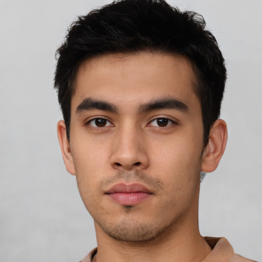 Neutral asian young-adult male with short  black hair and brown eyes