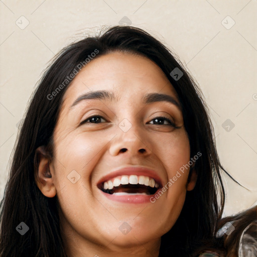 Joyful white young-adult female with long  brown hair and brown eyes