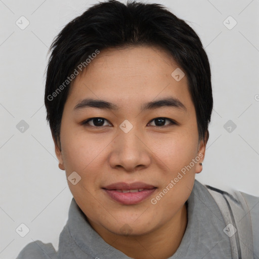 Joyful asian young-adult female with short  black hair and brown eyes