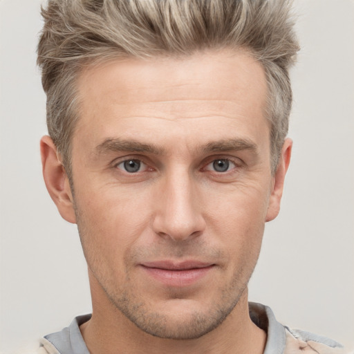 Joyful white adult male with short  brown hair and grey eyes