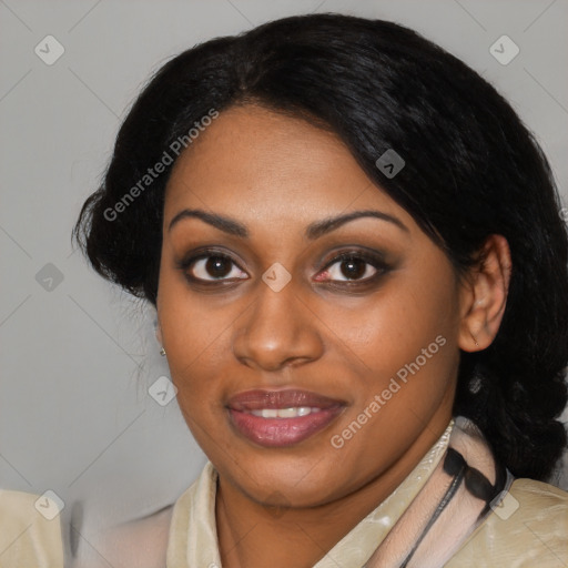 Joyful black young-adult female with medium  black hair and brown eyes