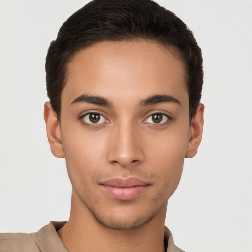 Neutral latino young-adult male with short  brown hair and brown eyes