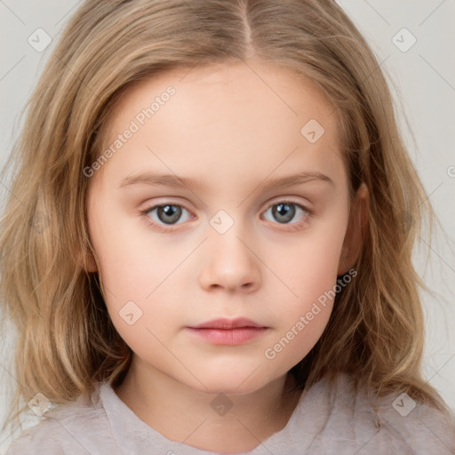 Neutral white child female with medium  brown hair and blue eyes