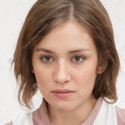 Neutral white young-adult female with medium  brown hair and brown eyes