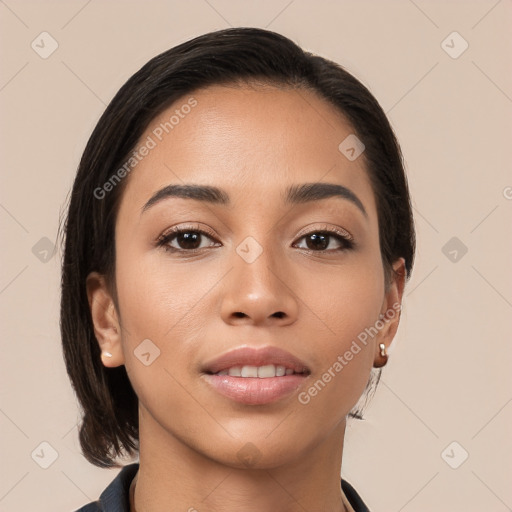 Joyful white young-adult female with medium  brown hair and brown eyes