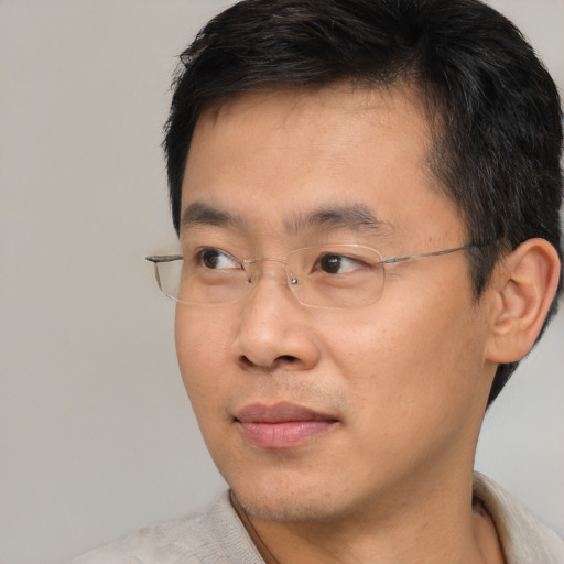 Joyful asian young-adult male with short  brown hair and brown eyes