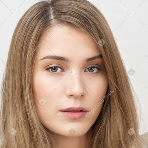 Neutral white young-adult female with long  brown hair and brown eyes