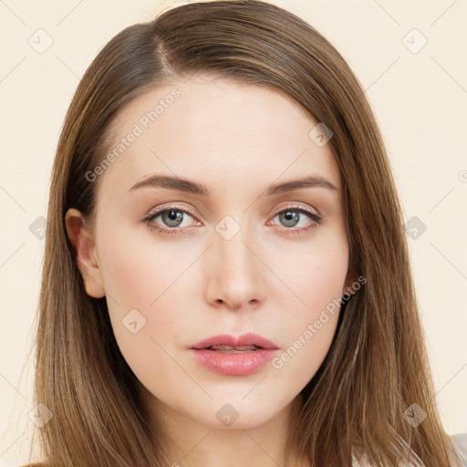 Neutral white young-adult female with long  brown hair and brown eyes