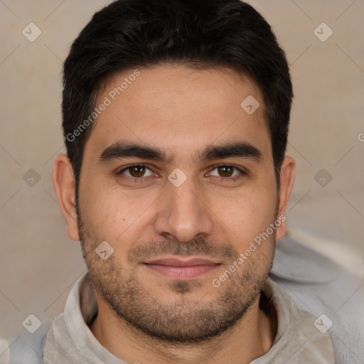 Joyful white young-adult male with short  brown hair and brown eyes