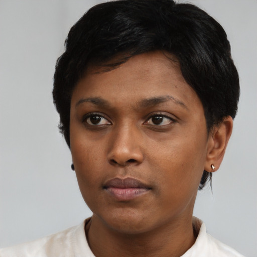 Neutral asian young-adult female with short  black hair and brown eyes