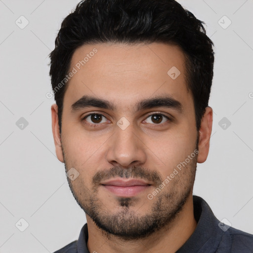 Neutral white young-adult male with short  black hair and brown eyes
