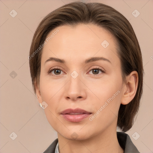 Joyful white young-adult female with medium  brown hair and brown eyes