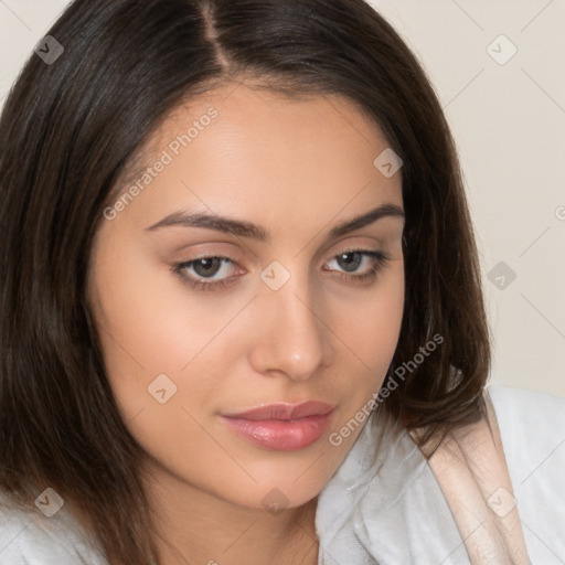 Neutral white young-adult female with long  brown hair and brown eyes