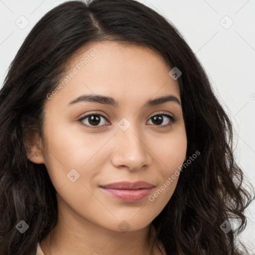 Joyful latino young-adult female with long  brown hair and brown eyes