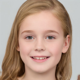 Joyful white child female with long  brown hair and grey eyes