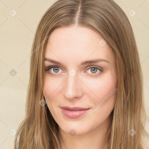 Neutral white young-adult female with long  brown hair and green eyes