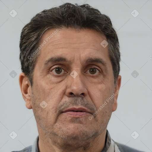 Neutral white middle-aged male with short  brown hair and brown eyes