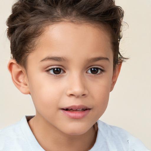 Joyful white child female with short  brown hair and brown eyes