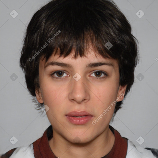 Neutral white young-adult female with medium  brown hair and brown eyes