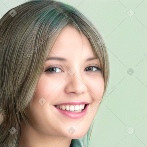 Joyful white young-adult female with long  brown hair and green eyes